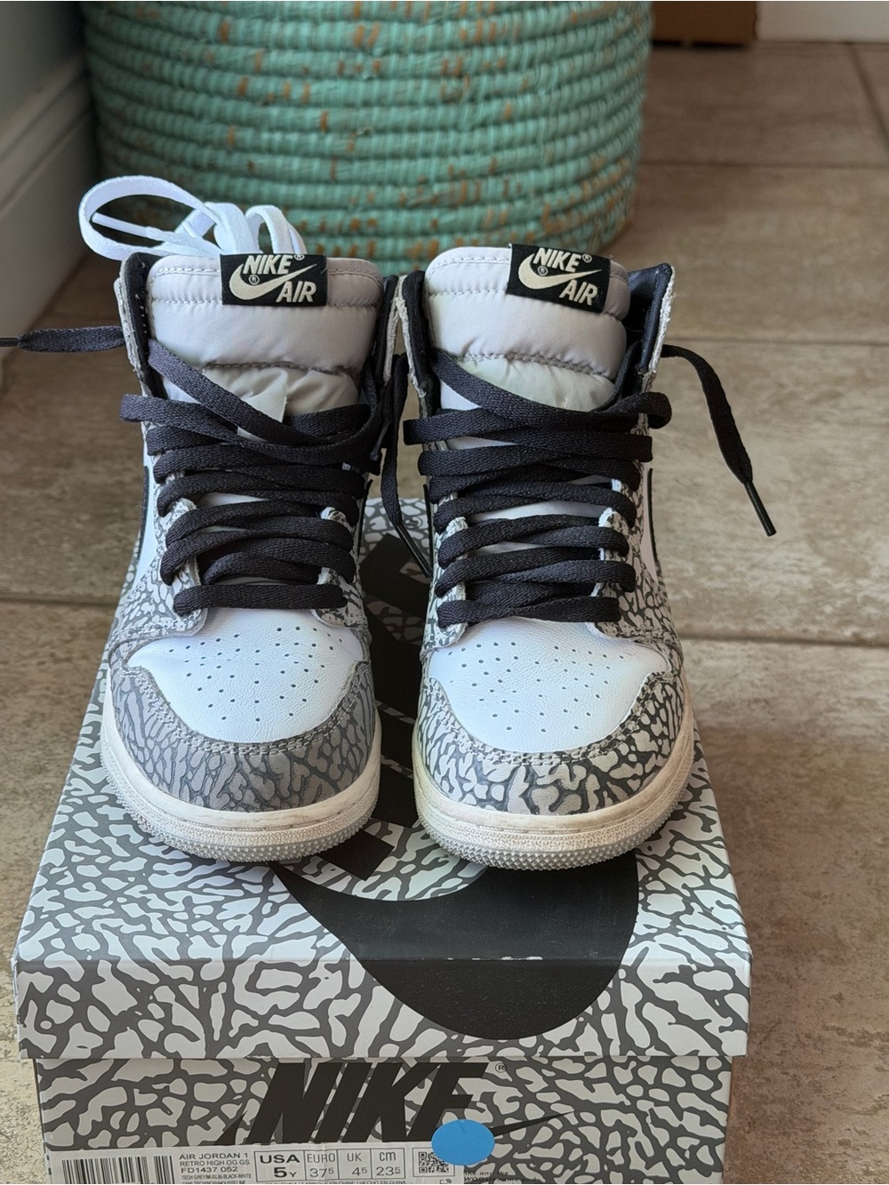 Nike Jordan 1 Cement Grey and White Elephant Print High-Top Sneakers